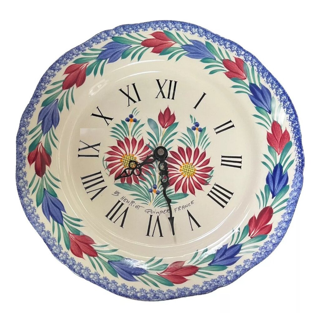 Henriot Quimper France Wall Clock Handpainted Floral Artist Signed Roman Numeral